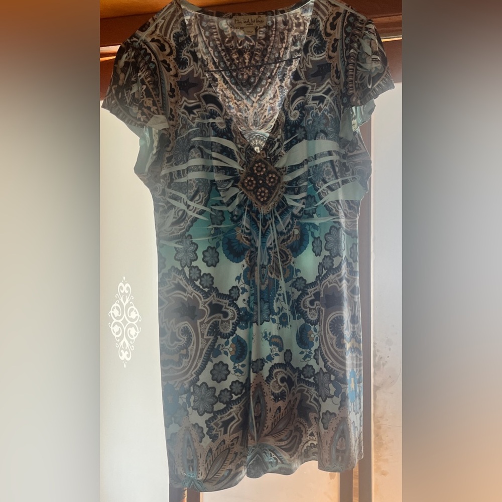 Live and Let Live Green and Blue Ruched Cap Sleeve Blouse
